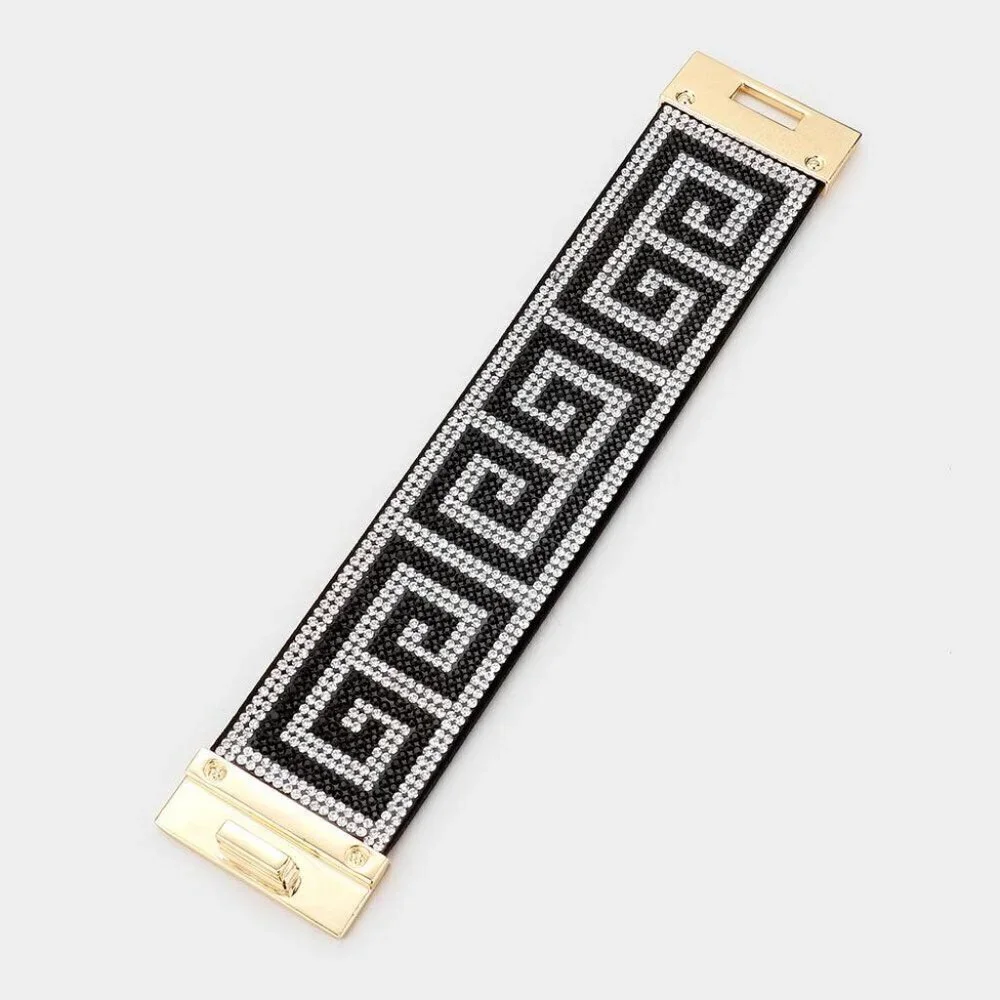 Greek Key Rhinestone Wide Turn Lock Bracelet
